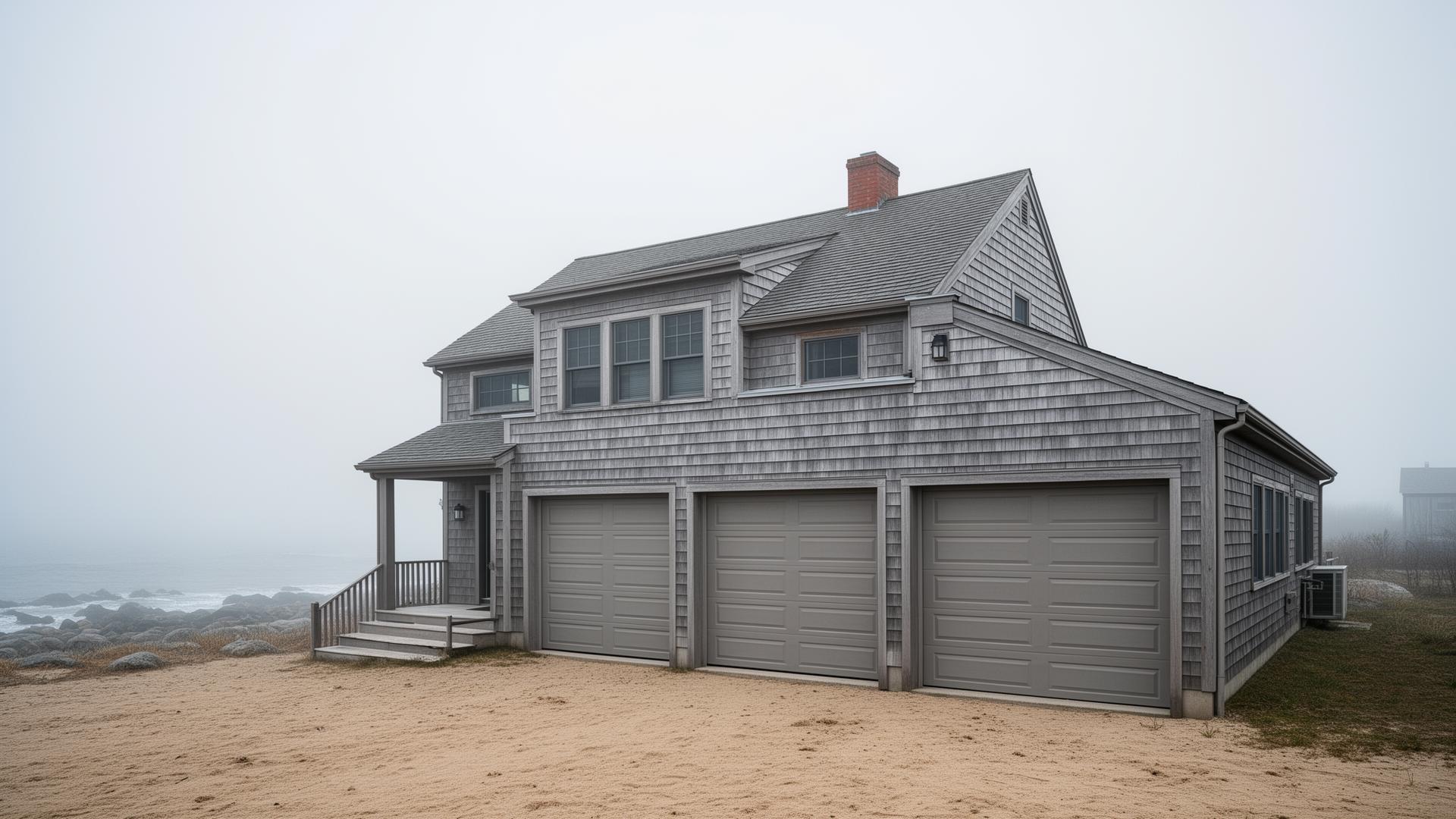 Coastal New England home with professional ranch-style horizontal panel garage doors in Hull, Massachusetts
